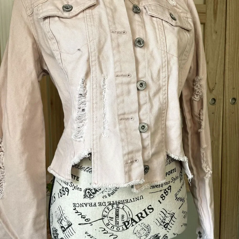 Cropped Denim Jacket Womens M Jessica Simpson Fitted Button Down Distressed